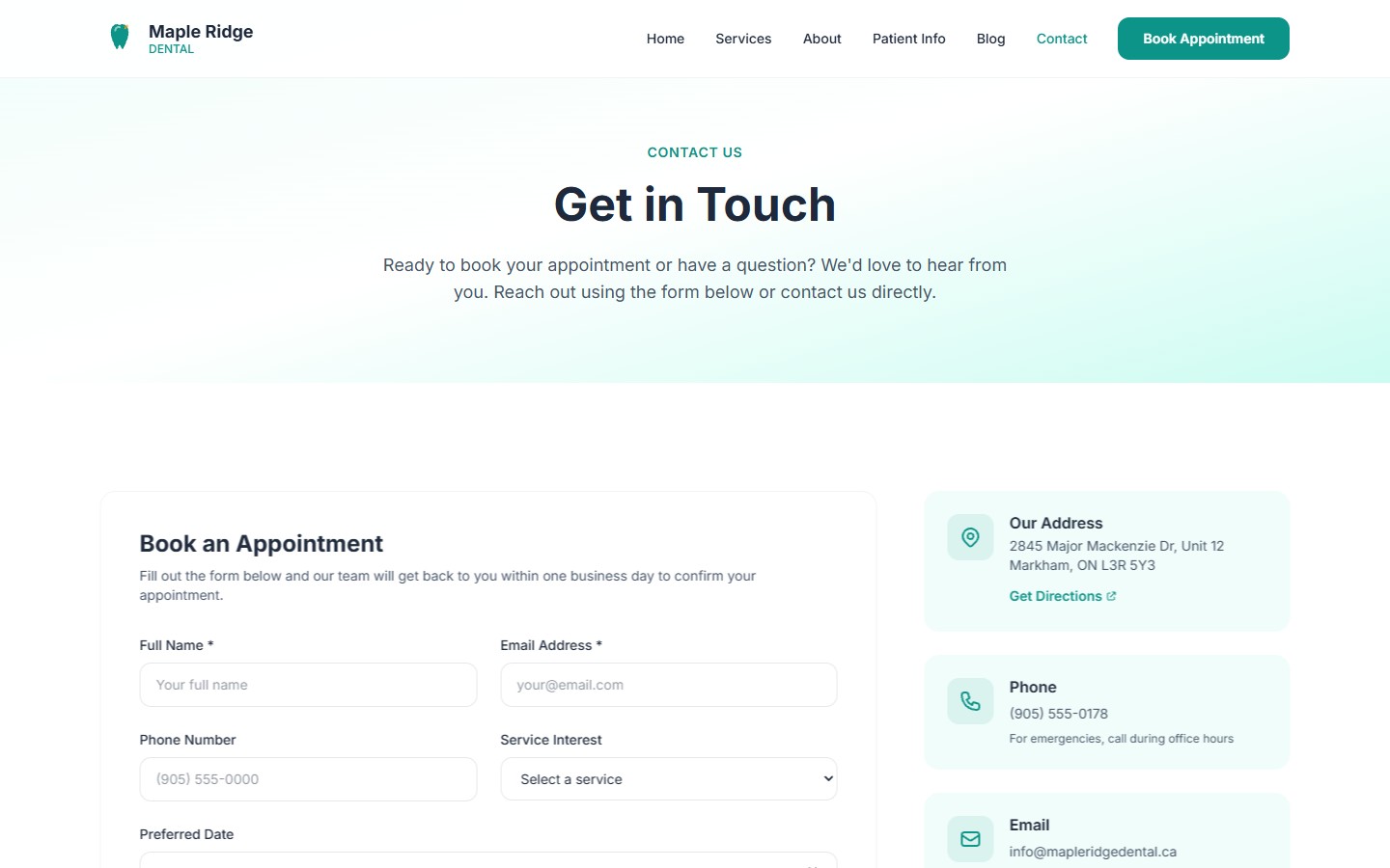 Maple Ridge Dental contact page