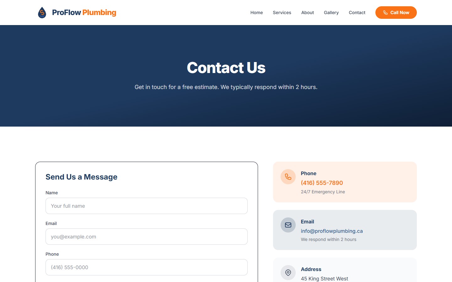ProFlow Plumbing contact page